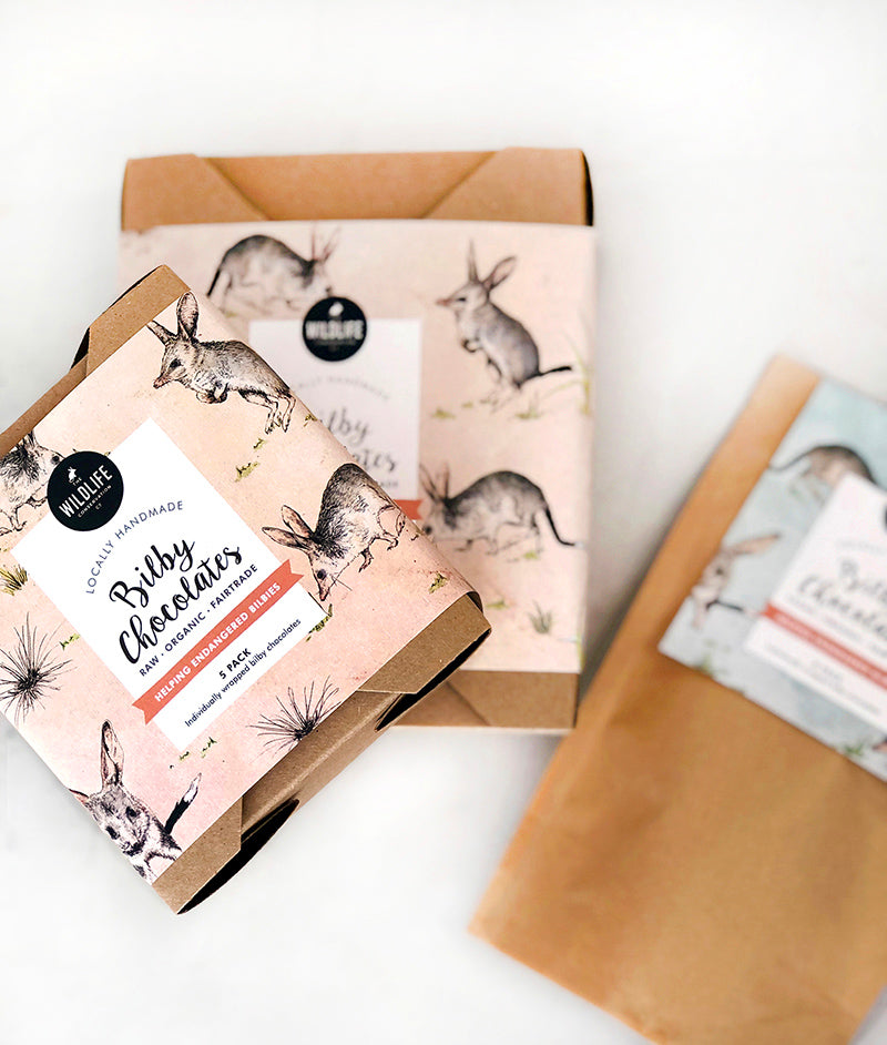 Wildlife Conservation Co and Alykat Creative Bilby Chocolates for Easter, helping endangered bilbies. Illustrated packaging design.