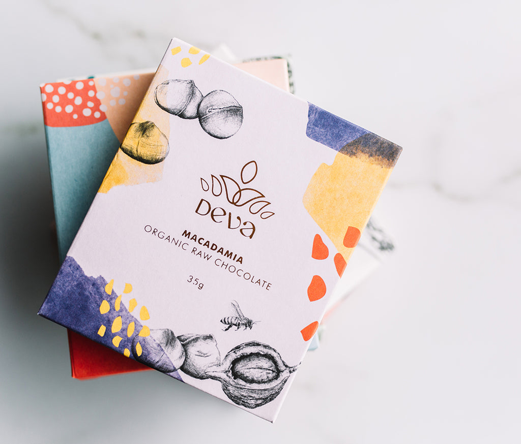 Award winning regional NSW business Deva Cacao and their range of raw, organic chocolates designed by packaging designer and illustrator Alyson Pearson of Alykat Creative on the mid north coast.