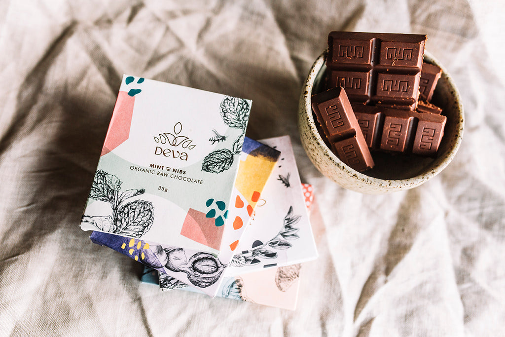 Award winning small business Deva Cacao and their range of raw, organic chocolates designed by packaging designer and illustrator Alyson Pearson, Alykat Creative.