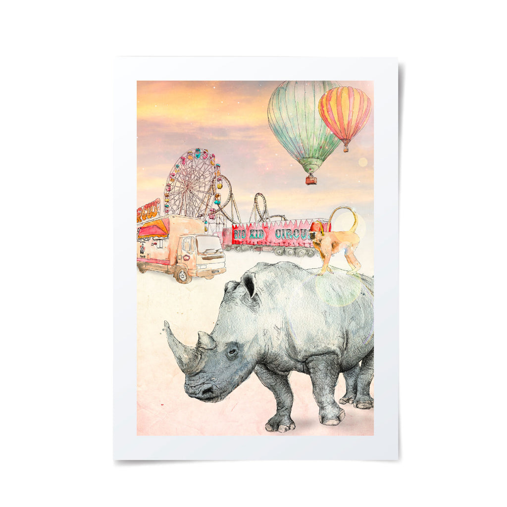 Rhinocerous fleeing from a life performing on demand, inspiring and reminding us all of the right to freedom and happiness.