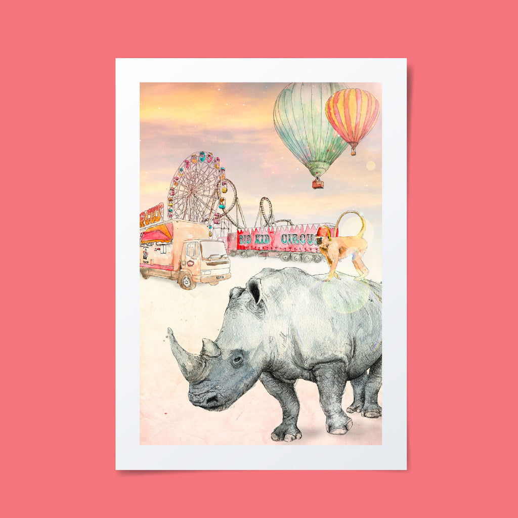 Rhinocerous fleeing from a life performing on demand, inspiring and reminding us all of the right to freedom and happiness.