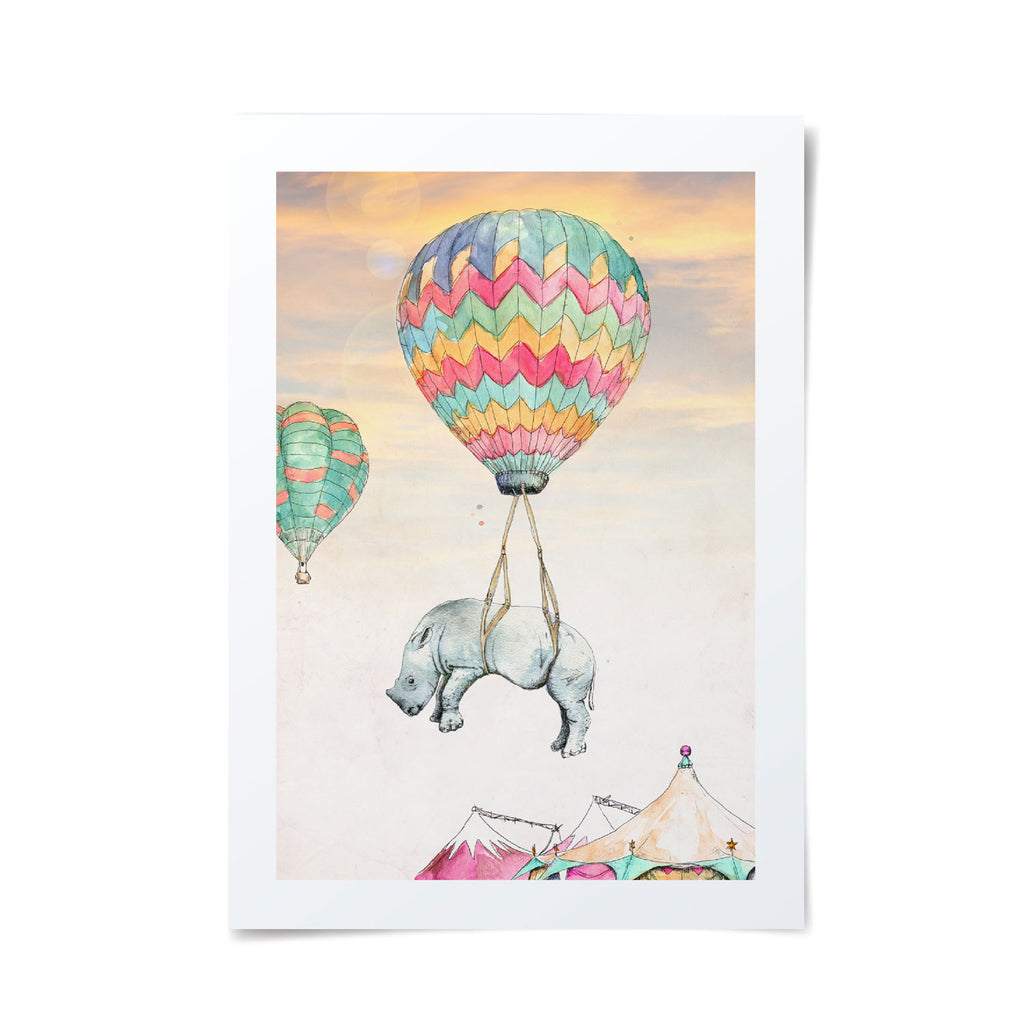 Colourful llustration of an innocent Rhinoceros floating away from a life performing on demand, inspiring and reminding us all of the right to freedom and happiness.