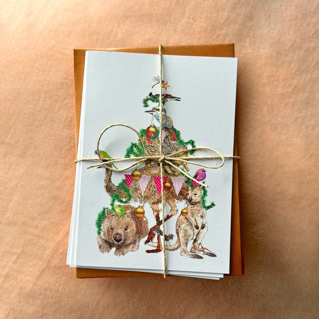 Alykat Australian illustrated Christmas cards featuring cute Australian Animals stacked on to make a playful tree.