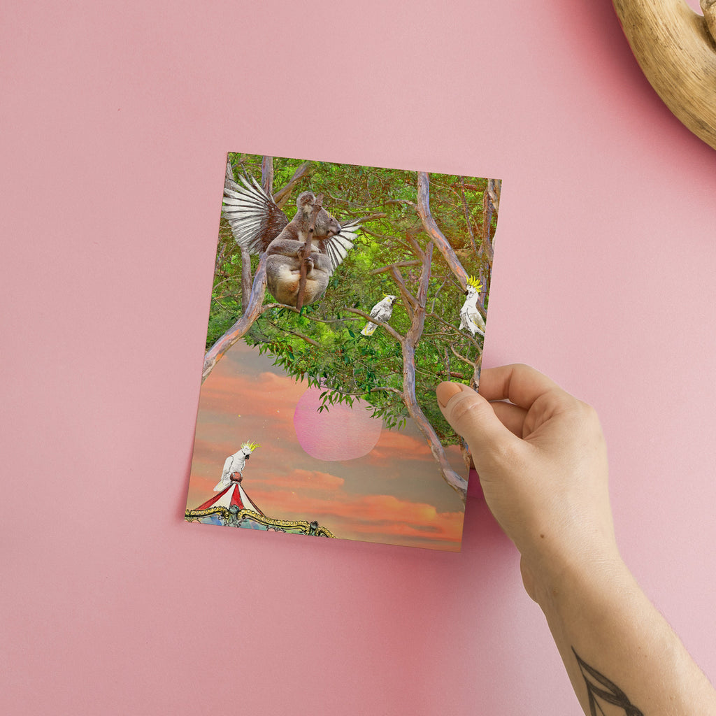 A collage of hand drawn and photographic Australiana on a greeting card, by Alyson Pearson aka Alykat.