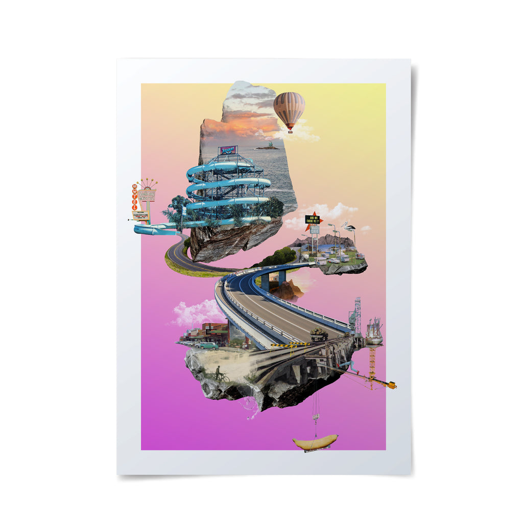 Vibrant digital collage of Coffs Harbour postcards featuring the aquajet theme park and quirky Alykat illustrations.