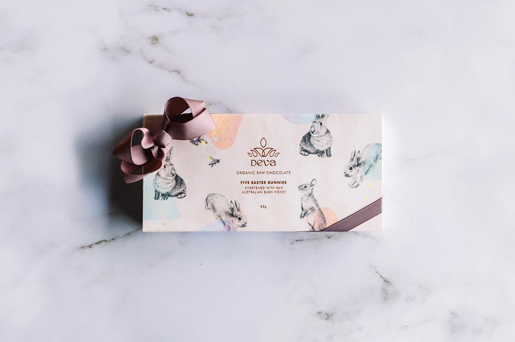 Easter bunny chocolates for small business Deva Cacao and their special Easter raw, organic chocolates designed by packaging designer and illustrator Alyson Pearson of Alykat Creative based on the mid north coast of NSW.