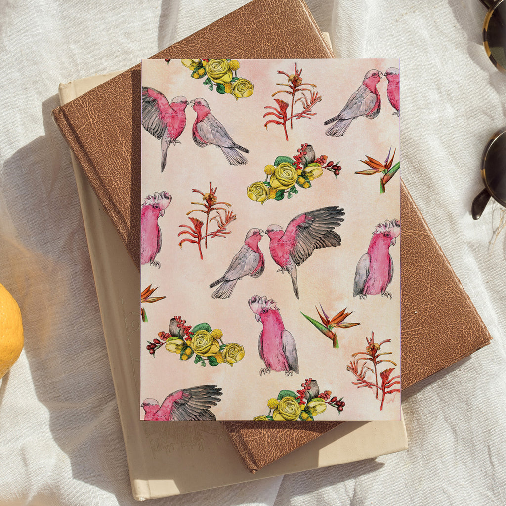 Australian pink galah and kangaroo paw greeting card, by Alyson Pearson aka Alykat.