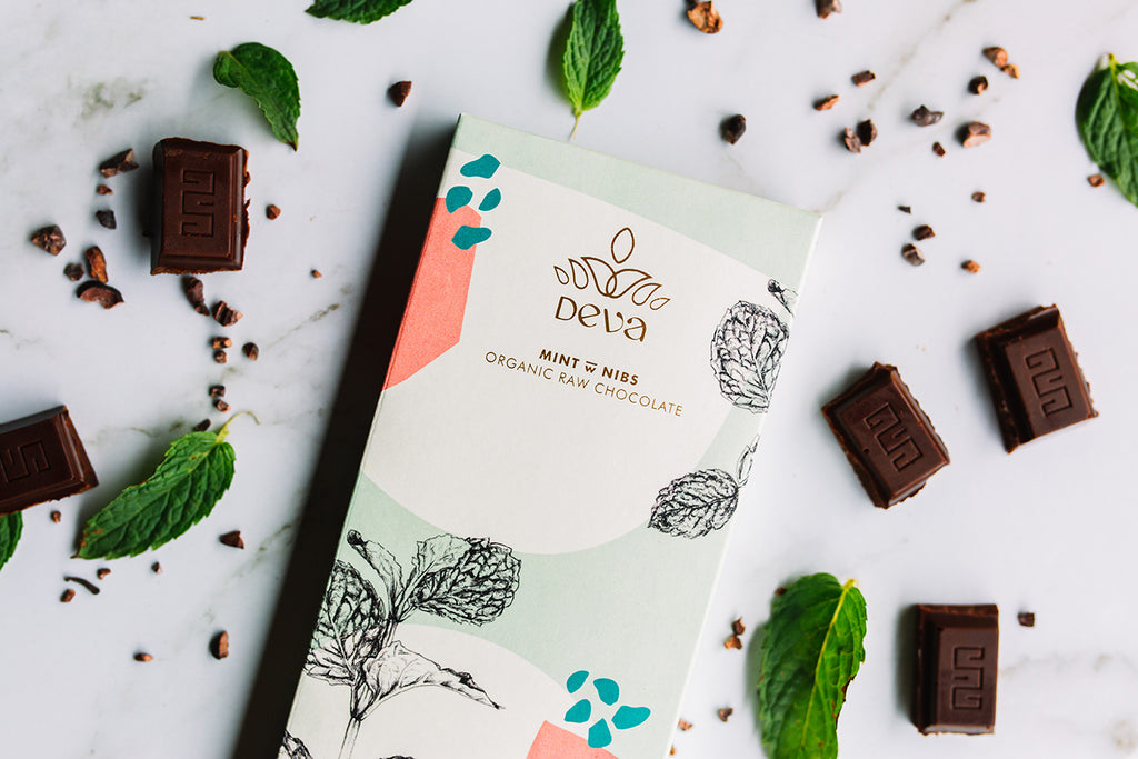 Product photography of boutique chocolate packaging Deva Cacao raw, organic chocolates, designed by packaging designer and illustrator Alyson Pearson of Alykat Creative based on the mid north coast of NSW.
