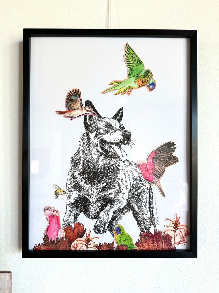 Framed artwork of a dog with birds on a white background