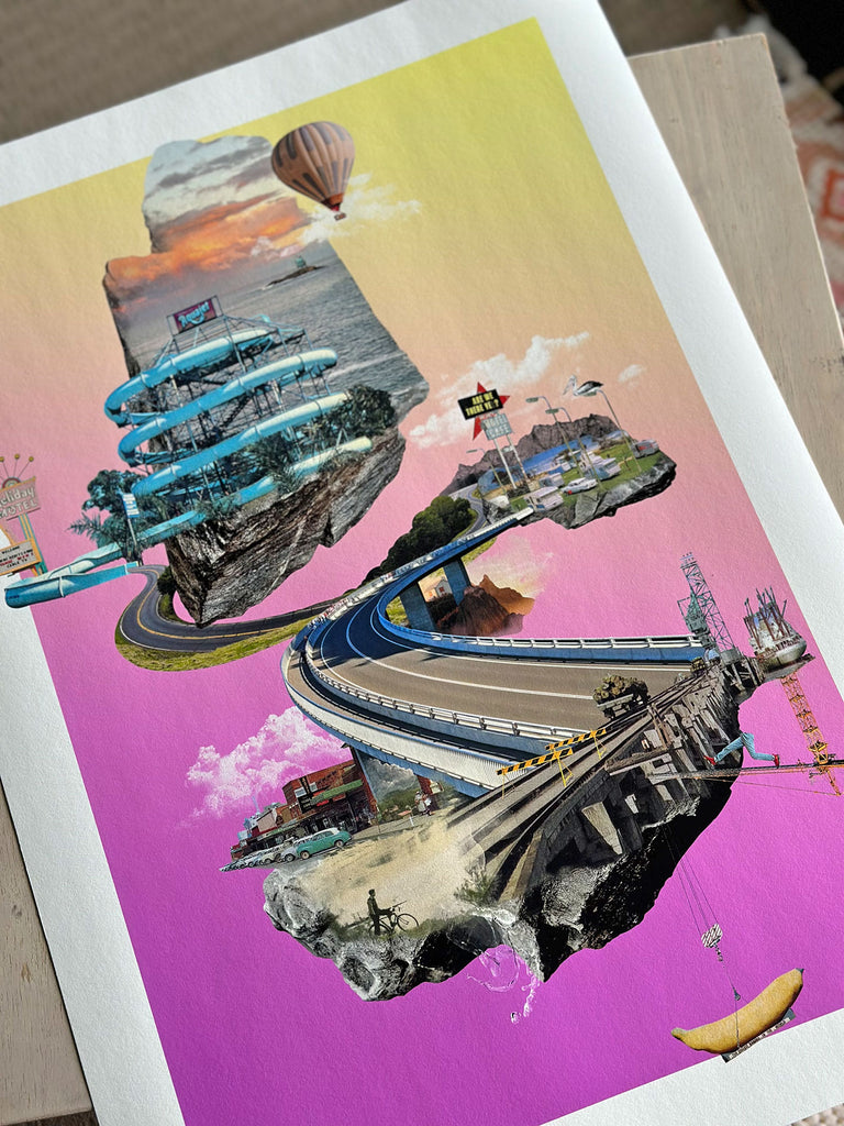 Vibrant digital collage of Coffs Harbour postcards featuring the aquajet theme park and quirky Alykat illustrations.