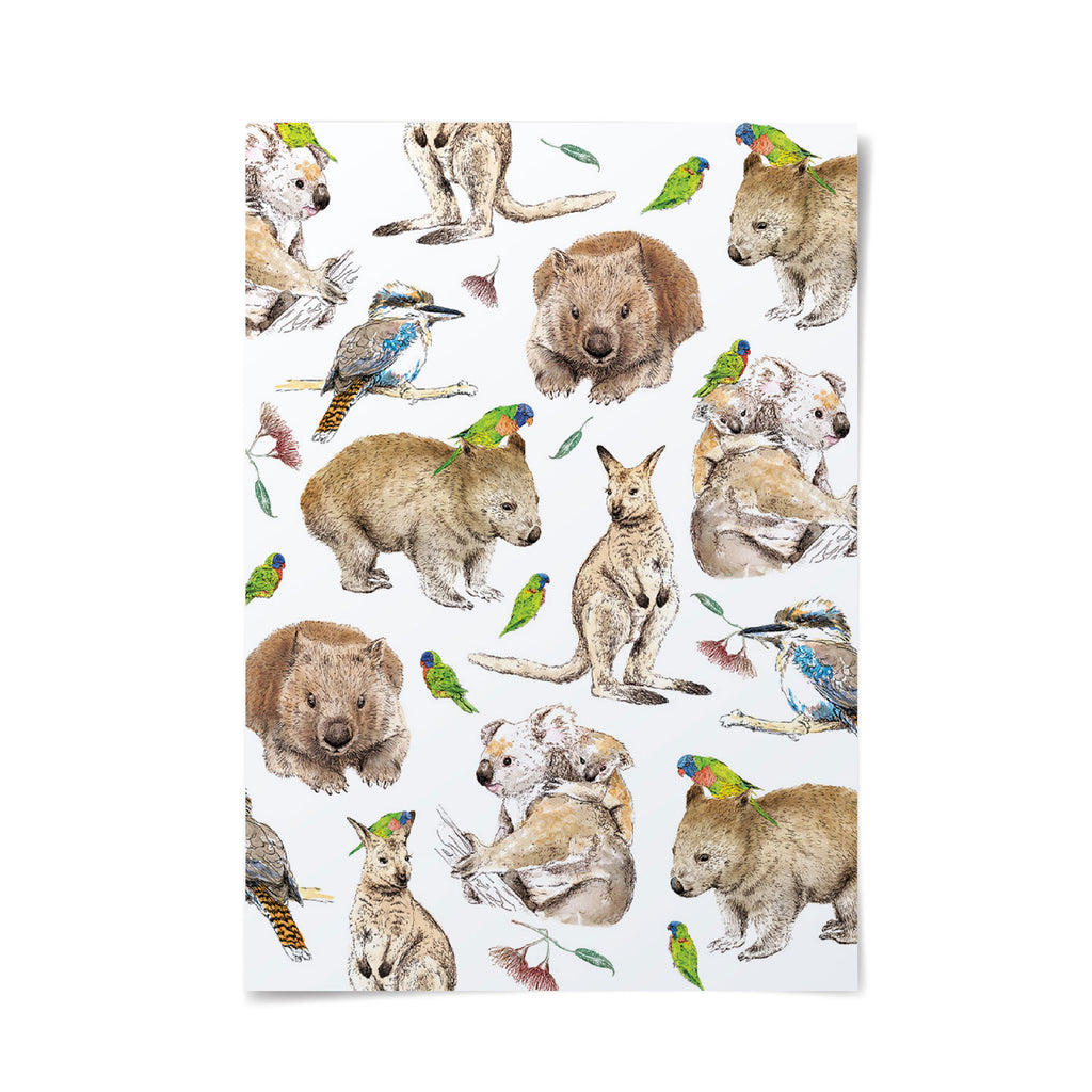 A contemporary Australian pattern of illustrated Aussie animals. Australian fine art print on cotton by Alykat Creative.