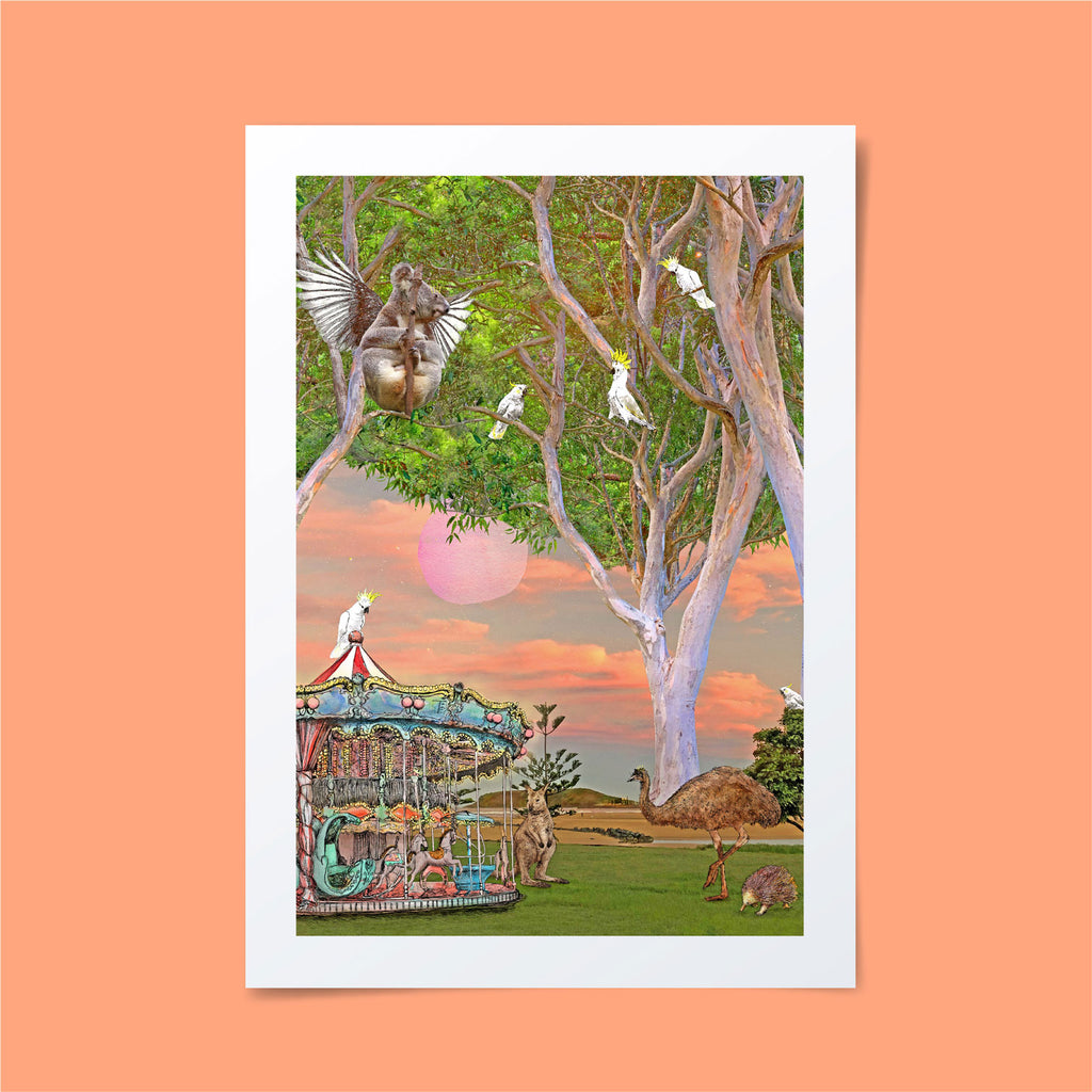 Illustrated scene of Australian animals enjoying the setting sun and Coffs Harbour carnival.