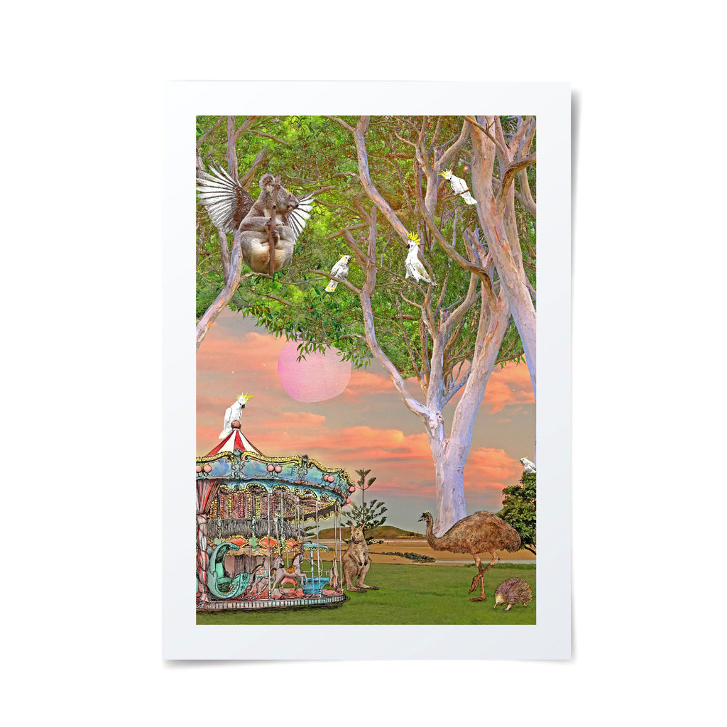 Illustrated scene of Australian animals enjoying the setting sun and Coffs Harbour carnival.
