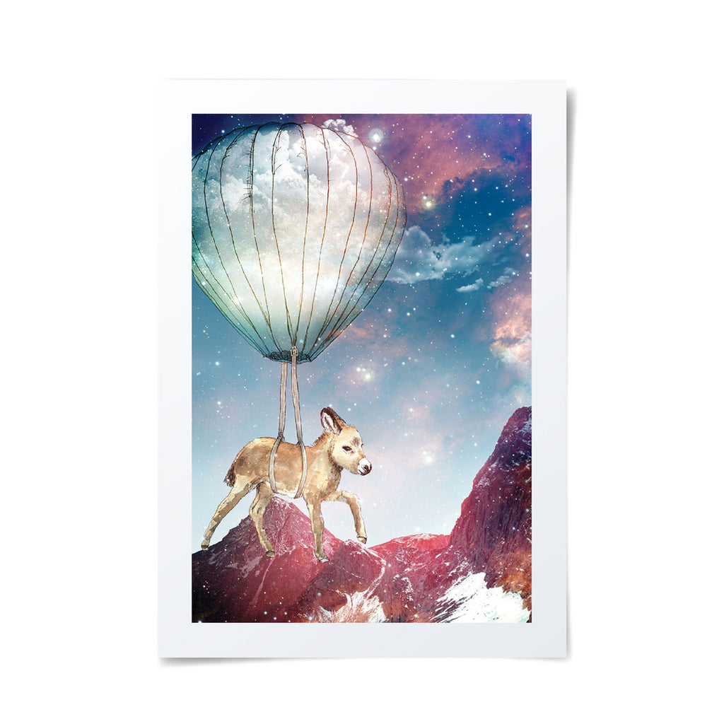 Whimsical illistration of a donkey flying with the aid of an air balloon