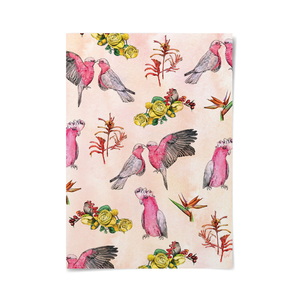 Repeating illustration of playful galahs and Australian flora