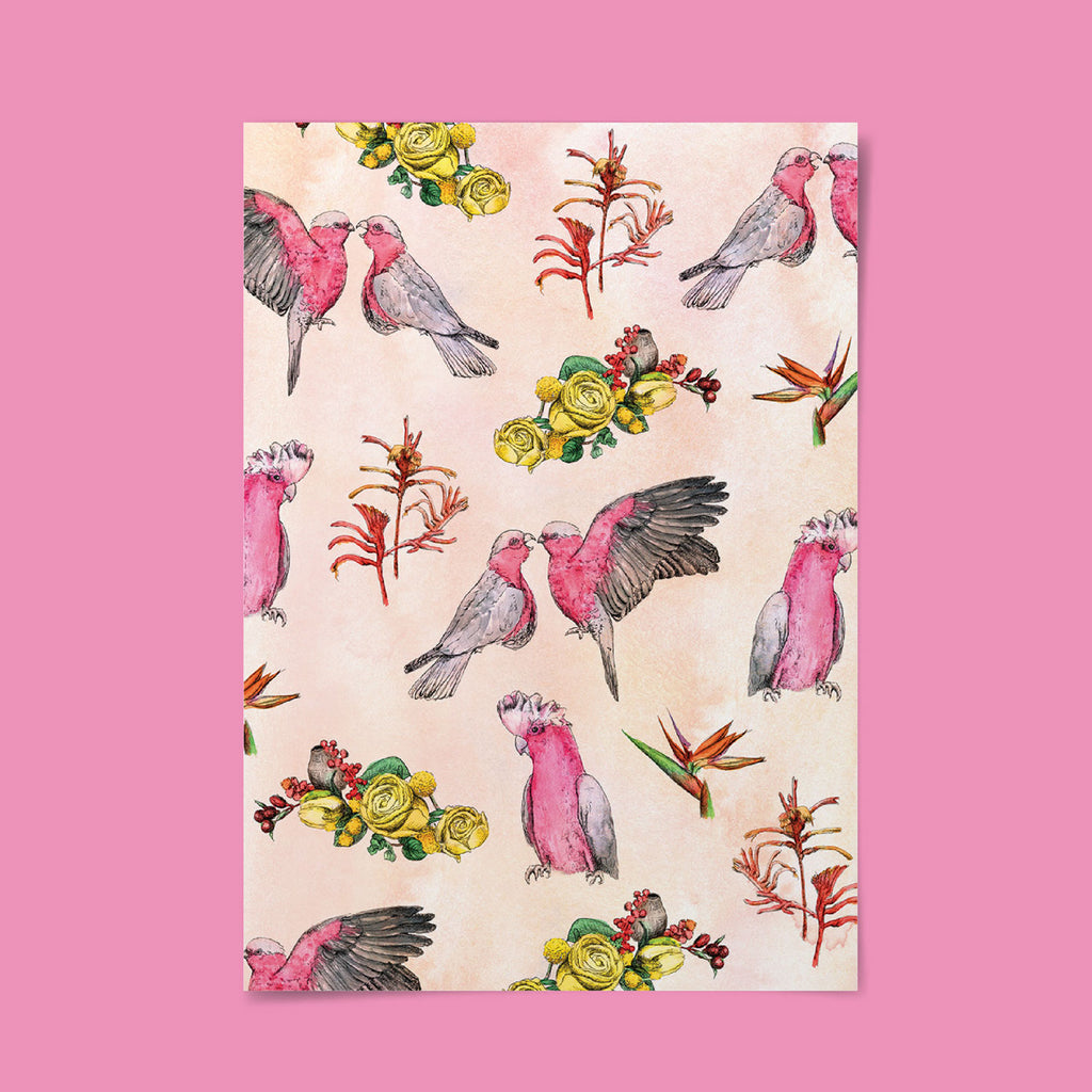 Repeating illustration of playful galahs and Australian flora