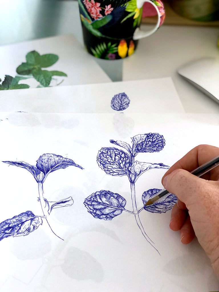 Biro detailed drawing and design of mint leaves for Tamworth based small business Deva Cacao. Designed by packaging designer and illustrator Alyson Pearson of Alykat Creative based on the mid north coast of NSW.