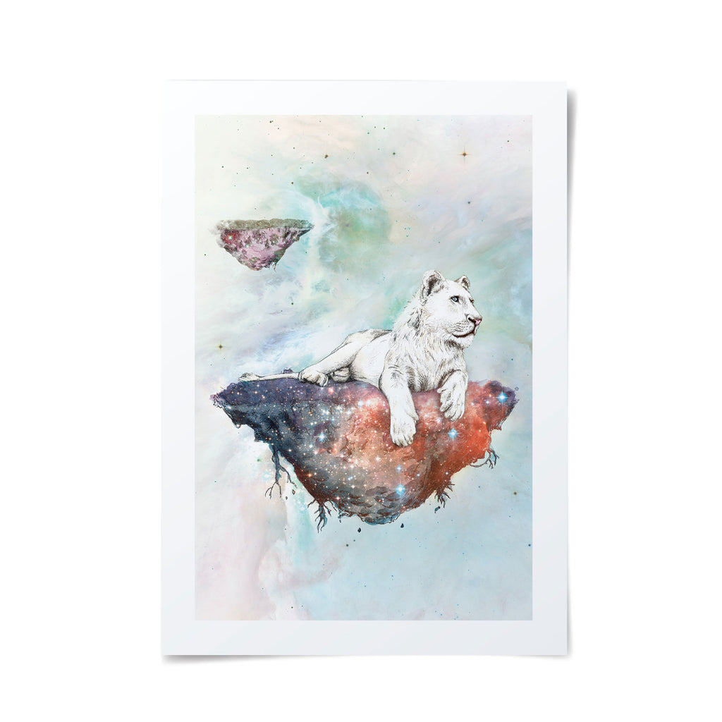 Galactical illustration of a lioness lazing proudly upon a stardust filled throne