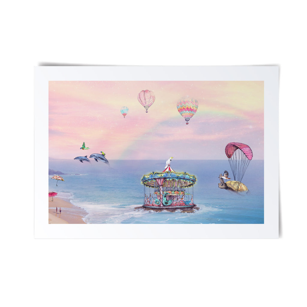 Whimsical illustration of a carousel sitting atop Mockingbird Island surrounded by dolphins, air balloons and turtle