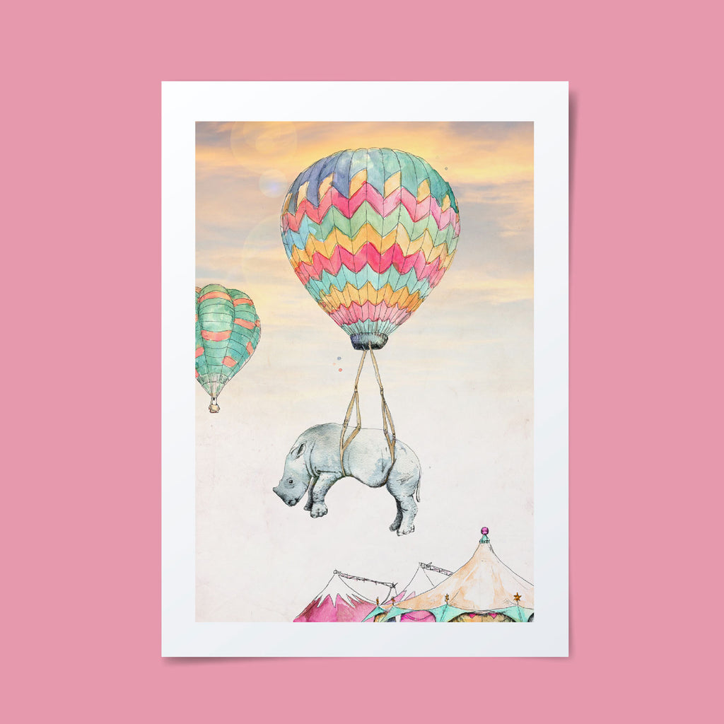 Colourful llustration of an innocent Rhinoceros floating away from a life performing on demand, inspiring and reminding us all of the right to freedom and happiness.