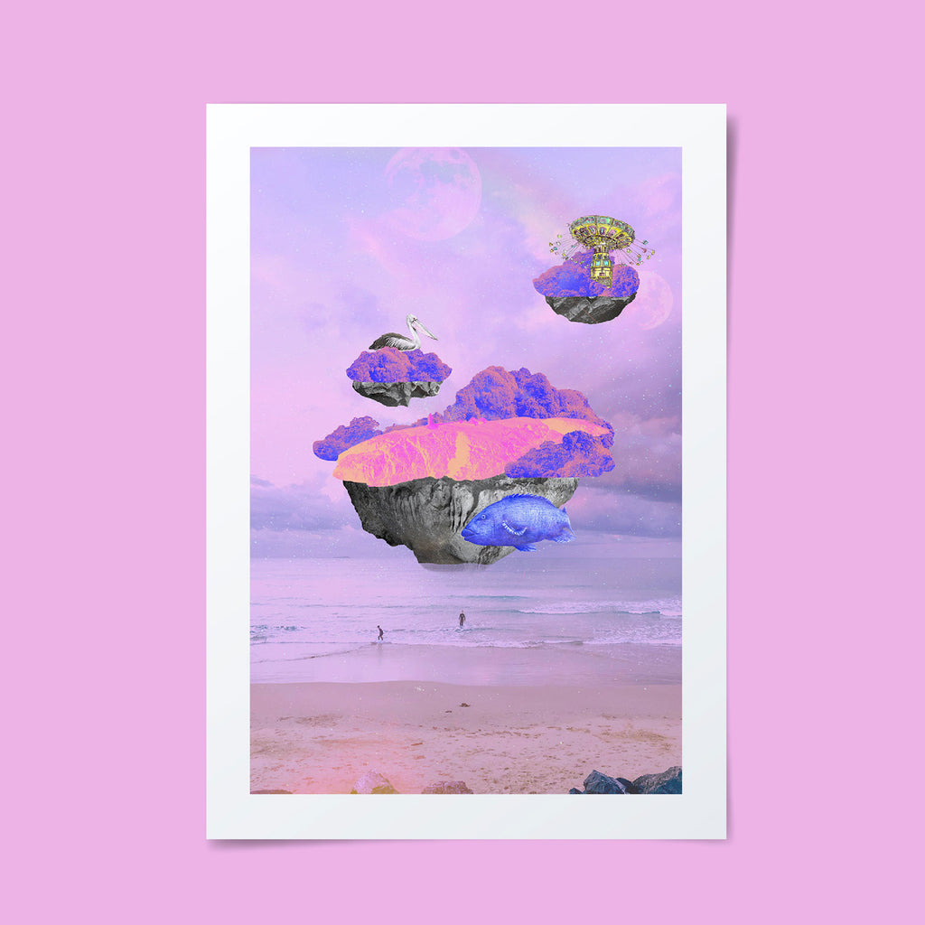 Sci fi inspired digital collage of Coffs Harbour landmarks and animals hovering over the coastline.