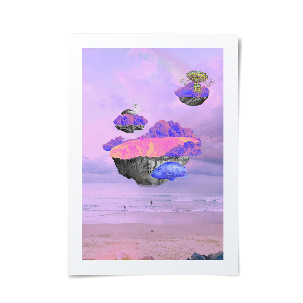 Sci fi inspired digital collage of Coffs Harbour landmarks and animals hovering over the coastline.
