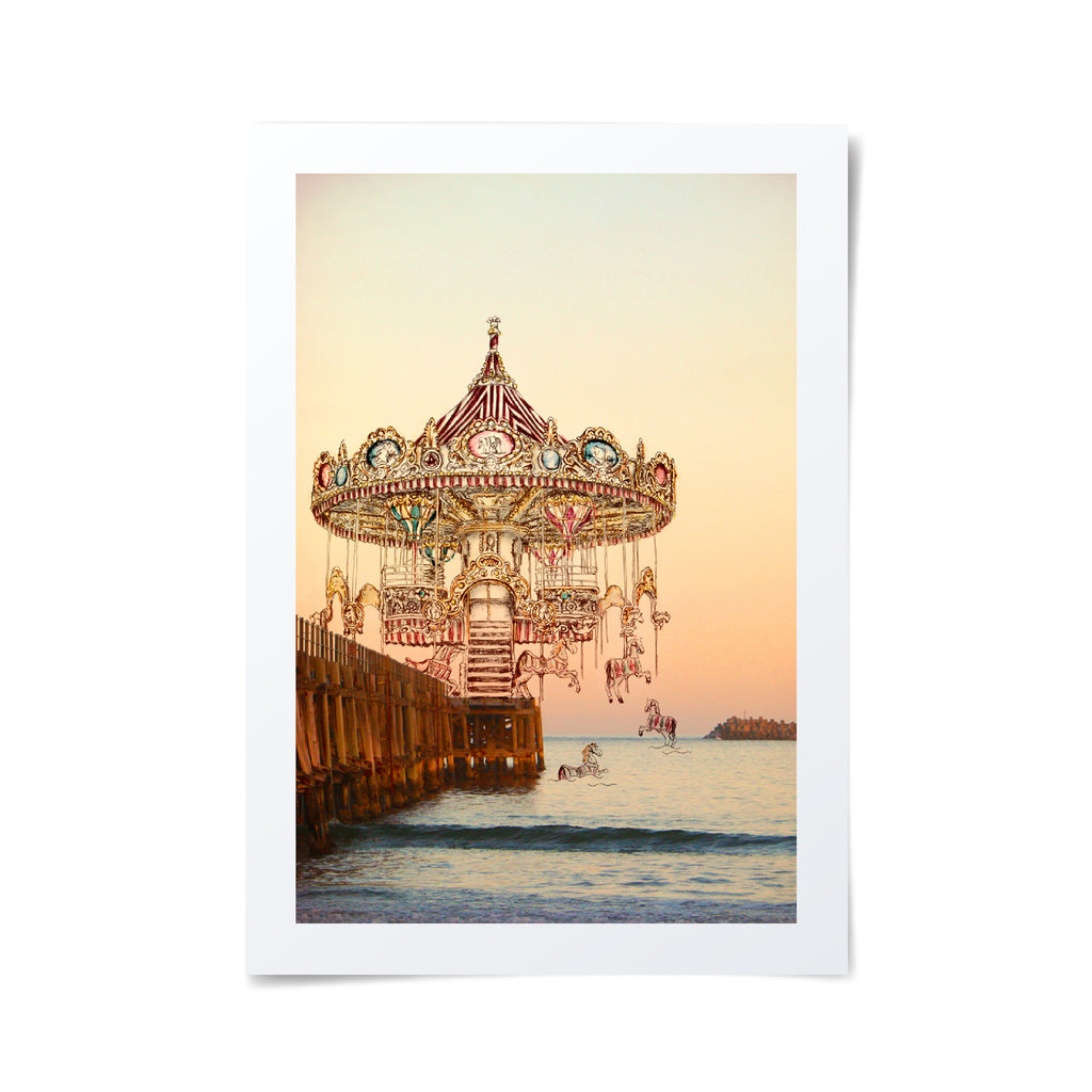 An Alykat Creative classic, beautiful detailed drawing of a carousel with its horses jumping free into the ocean at the coffs Harbour Jetty. 